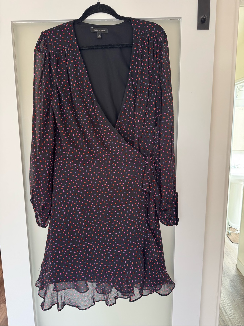 Banana Republic Black Long-Sleeve Wrap Dress with Pink Heart Print
